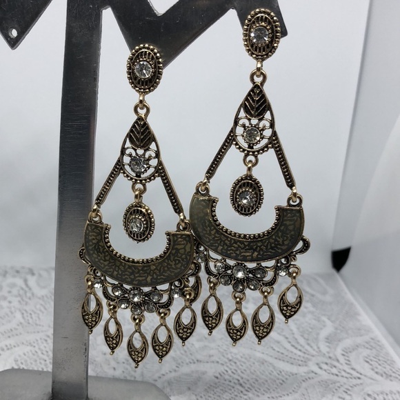 Antiqued brass dangle drop boho long dressy statement earrings makers mark. - Picture 2 of 5